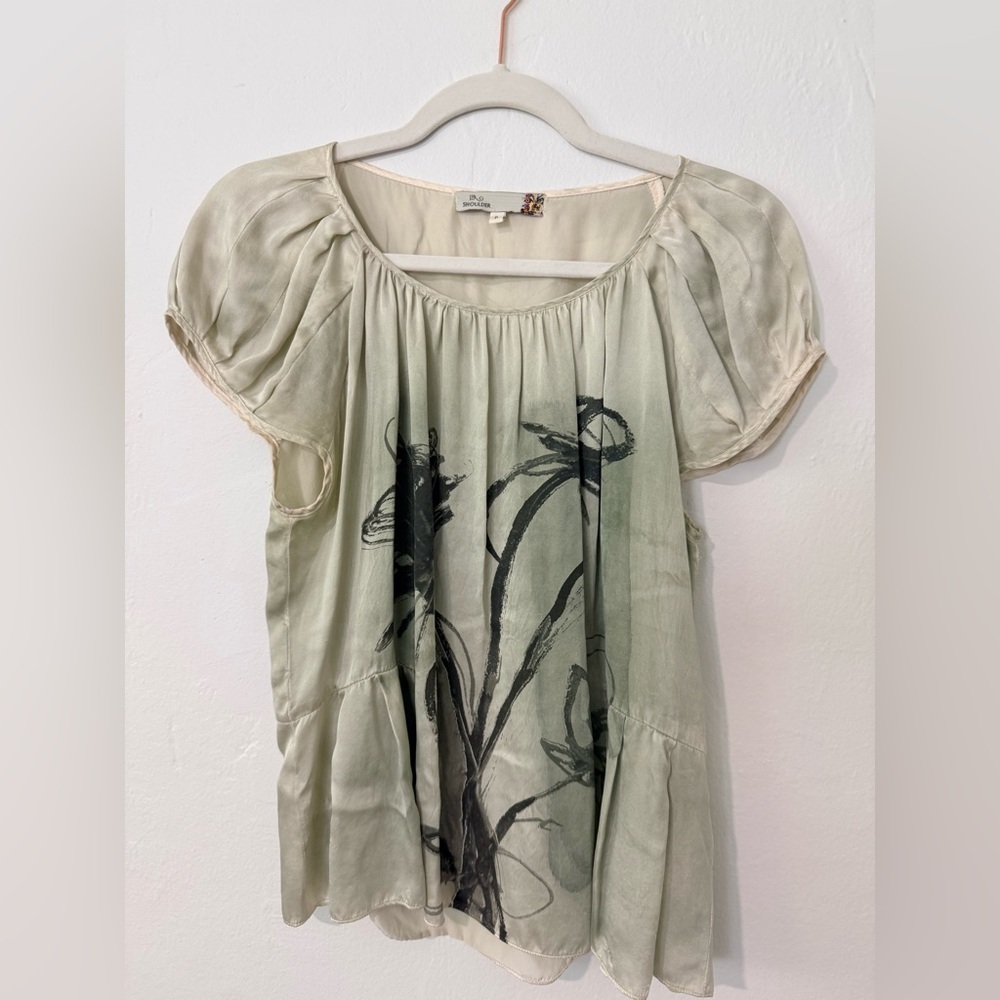 SHOULDER 100% Silk Blouse | Sage Green Abstract Print | Size P (Small)